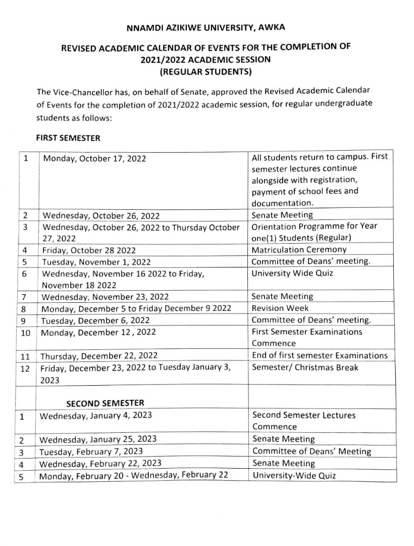 Revised Academic Calendar Of Events For The Completion Of 2021/2022 ...